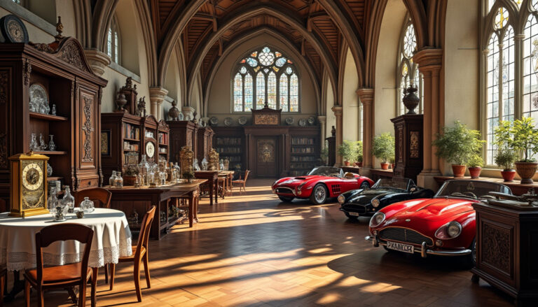 explorez un salon des antiquaires unique dans l'abbaye-école du tarn, où l'histoire prend vie à travers des meubles historiques, des objets vintage fascinants et des voitures de collection impressionnantes.